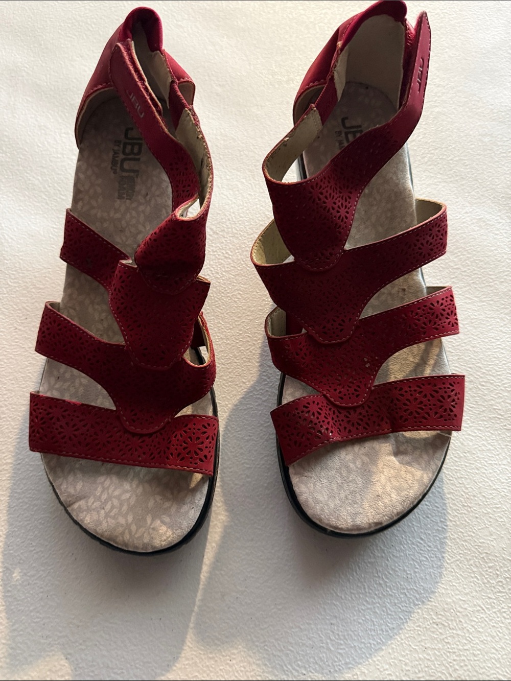 JBU Women's Burgundy Laser-Cut Multi-Strap Sandals